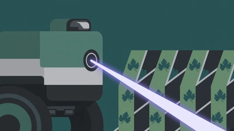 Stylized flat illustration of a green-and-gray robot emitting a bright diagonal UV beam toward a grid of green vine rows with leaf motifs on a dark teal background