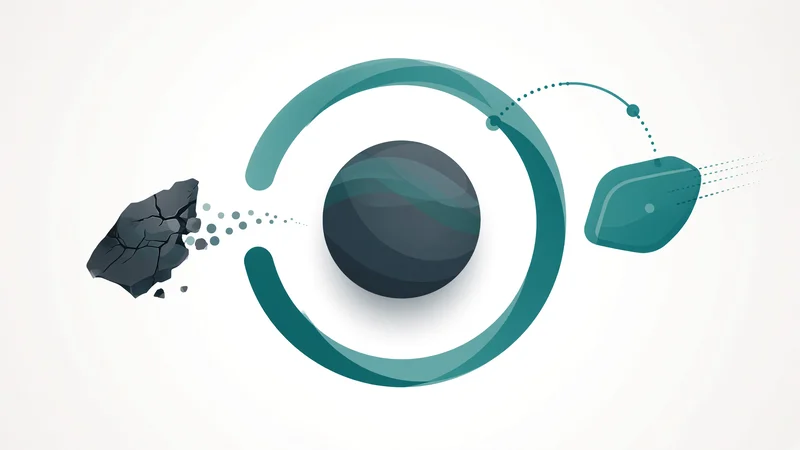 Abstract illustration of a dark spherical core inside teal curved rings, with a cracked black fragment detaching leftward via dotted trail and a teal shape arriving rightward via dotted arc, on white background.