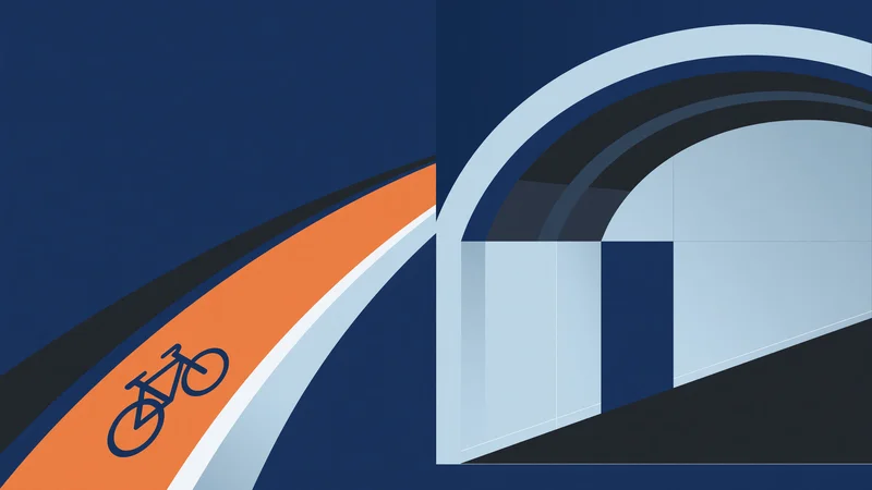Geometric split composition: left side dark navy field with orange buffered bike lane stripe, white edge and dark blue bicycle symbol; right side light blue arched hangar silhouette with layered dark blue and navy geometric panels on dark background.