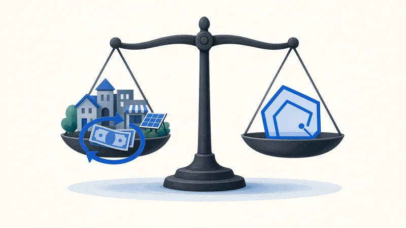 Black balance scale centered on light background; left pan holds cluster of stylized buildings with solar panel and trees plus blue circular arrow around dollar bills; right pan holds blue house-shaped icon