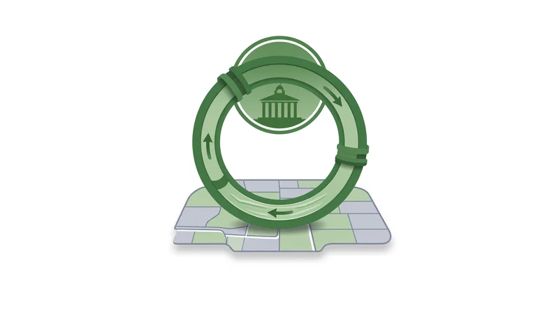 Green circular loop icon with arrows and domed building silhouette centered above a green-gray grid map on white background