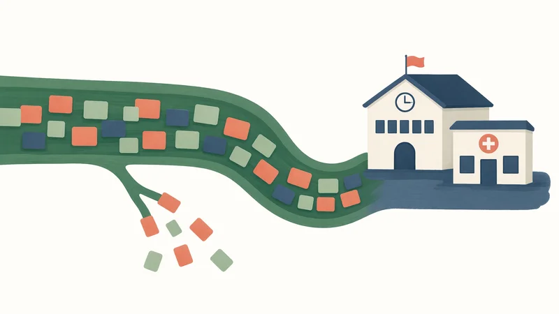 Green wavy channel filled with multicolored rectangular blocks flows rightward toward a beige school building with clock and flag, next to a smaller clinic building marked with red cross; several blocks spill downward from a side branch at lower left on white background.