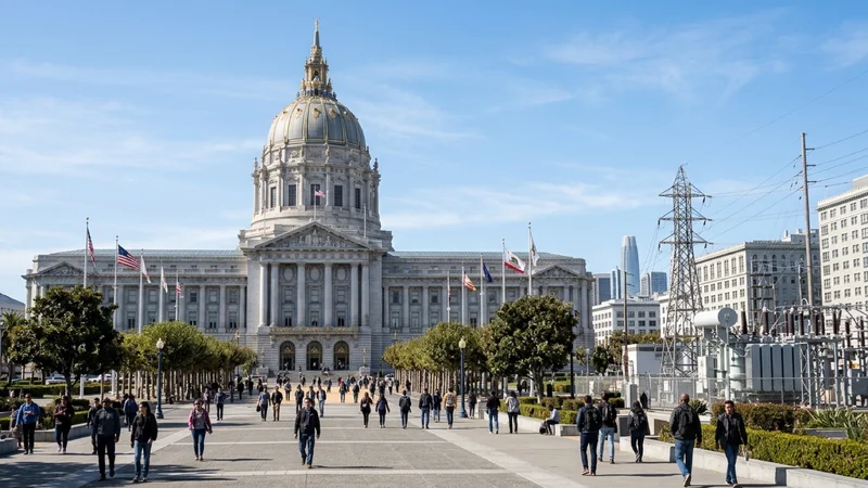 Gilded Beaux-Arts dome of San Francisco City Hall seen from Civic Center Plaza under crisp afternoon sunlight