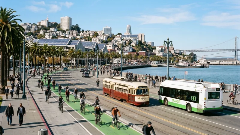 Electric Muni buses and cyclists on a sunny palm-lined boulevard in San Francisco with historic streetcars and solar rooftops