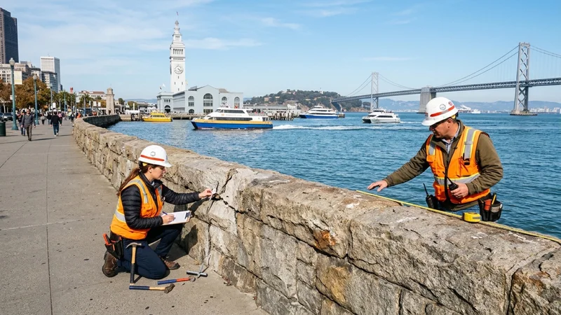 Engineers inspecting the Embarcadero waterfront seawall beside the historic Ferry Building clock tower in San Francisco with the Bay Bridge behind them