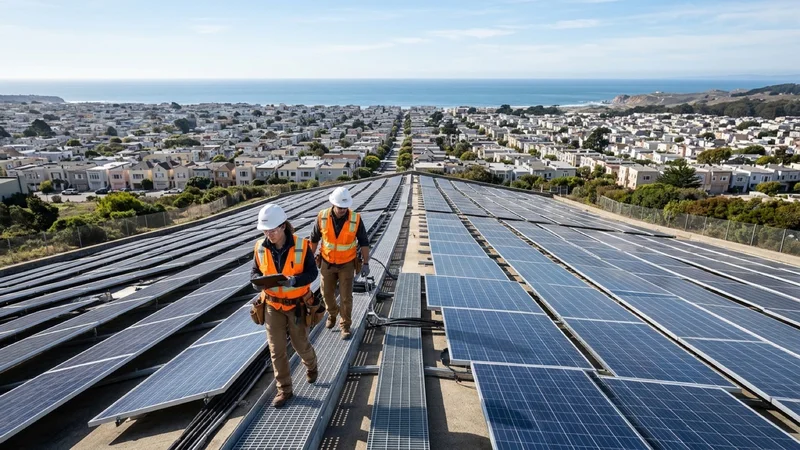 Utility engineers inspecting rows of solar panels atop the vast Sunset Reservoir roof in San Francisco with the Pacific Ocean in the distance