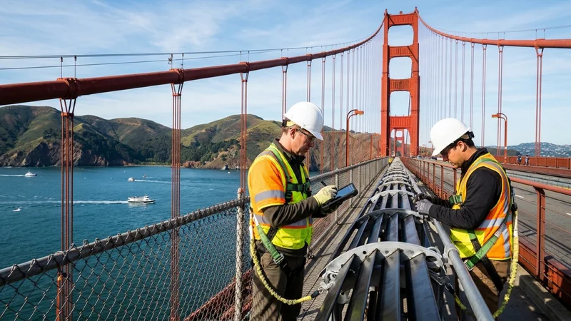 Bridge engineers in safety harnesses and hard hats inspecting the International Orange steel edge of the Golden Gate Bridge in San Francisco