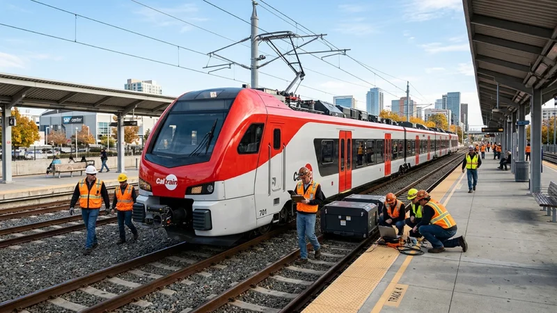 Red-and-white Caltrain electric-battery hybrid trainset parked at Diridon Station platform in San Jose with engineers inspecting equipment
