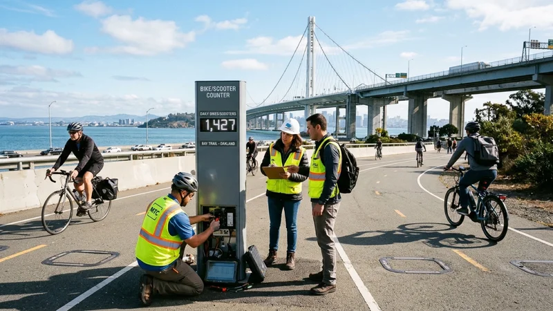 Bay Area transportation engineers testing an automated digital bicycle and scooter traffic totem along the Bay Trail approach to the Bay Bridge East Span