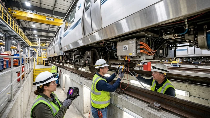 BART rail propulsion technicians inside the Hayward Maintenance Complex inspecting a compact silicon-carbide traction inverter module underneath a train car