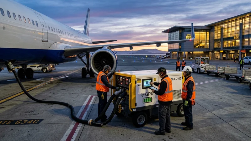 Airport electrical engineers on the tarmac at San Francisco International Airport inspecting a zero-emission mobile battery ground power unit connected to an airliner