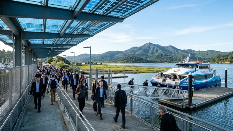 Commuters walking beneath a newly energized steel-and-glass solar photovoltaic boarding canopy at the Larkspur Ferry Terminal with Mount Tamalpais in background