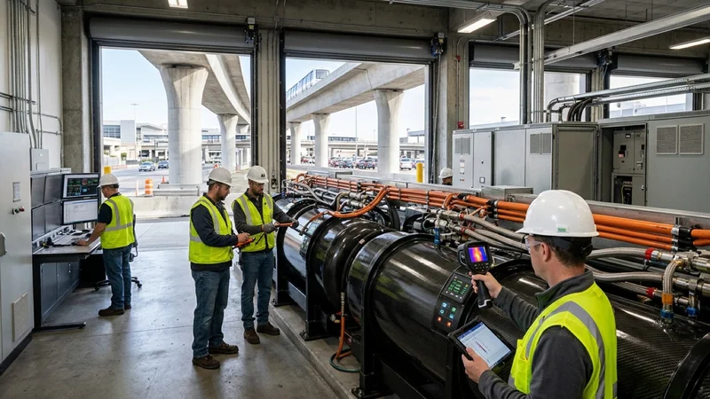 Electrical engineers in high-visibility vests inspecting cylindrical flywheel energy storage cabinets inside a traction power substation beneath the SFO AirTrain guideway
