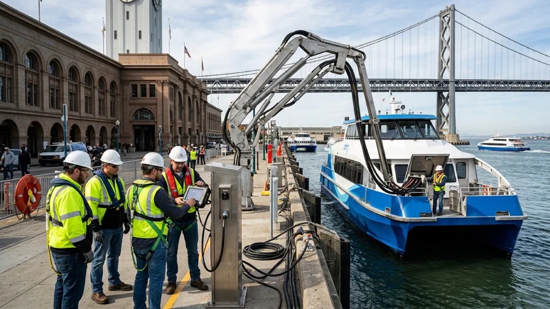 Marine electrical engineers in hardhats and life vests inspecting an articulated shore-power cable arm connected to a berthed passenger ferry at the San Francisco Ferry Building