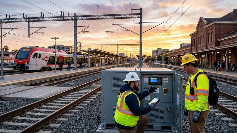 Rail electrical engineers in safety vests inspecting modular wayside battery enclosures beside overhead electrified catenary wires and a Caltrain electric trainset at San Jose Diridon Station