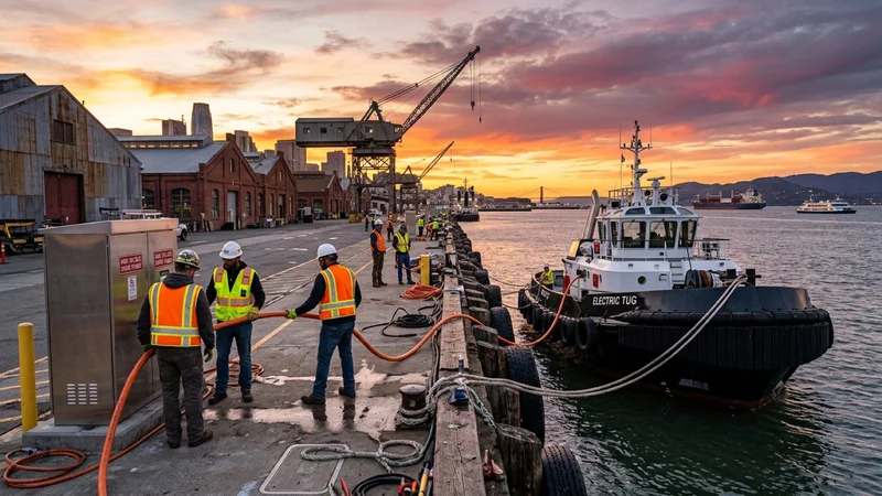 Maritime electrical engineers in safety vests connecting an orange high-voltage shore-power cable from a dockside kiosk to an electric tugboat at Pier 70 in San Francisco at sunset