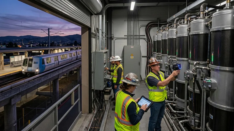 Transit traction power engineers in safety vests inspecting cylindrical stainless-steel magnetic-levitation flywheel energy storage units beside a BART train at Warm Springs Station in Fremont