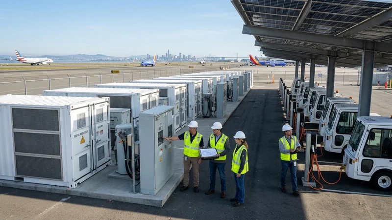 Aviation electrical engineers in high-visibility vests inspecting modular white battery energy storage containers and solar carport arrays beside electric baggage tugs at Oakland Airport