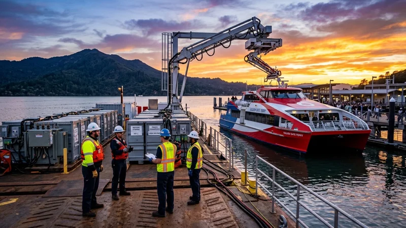 Maritime electrical engineers on a floating steel charging barge watching an automated overhead shore-power charging arm connect to a commuter ferry at the Larkspur Ferry Terminal at sunset