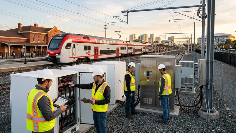 Transit electrical engineers inspecting modular white wayside battery energy storage enclosures beside overhead 25-kV catenary wires as a red-and-white double-decker electric train glides into San Jose Diridon Station
