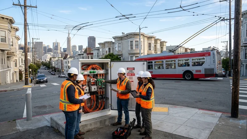 Transit electrical engineers inspecting modular white 600-volt DC battery buffer cabinets beside overhead electric trolley wires as a red-and-white Muni electric trolleybus climbs a San Francisco hill