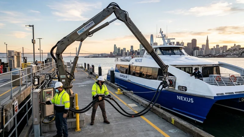 Maritime engineers on a concrete ferry pier watching a dual-plug megawatt shore-power cable connect to a white-and-blue battery-electric catamaran ferry with the San Francisco skyline across the bay at Alameda Seaplane Lagoon
