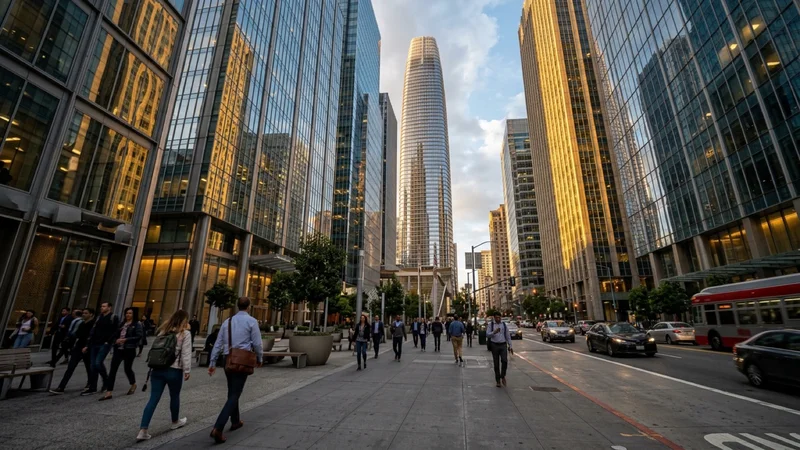 Modern glass office towers in downtown San Francisco at golden hour viewed from street level