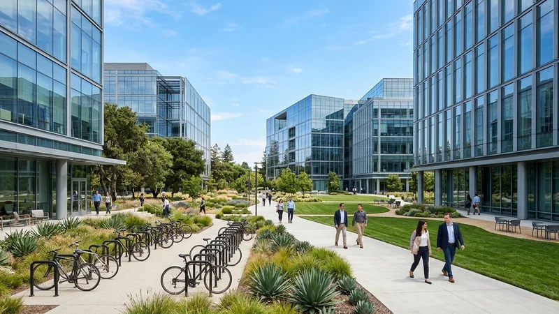 Modern glass-and-steel corporate technology campus in Mountain View with landscaped walkways and bicycles