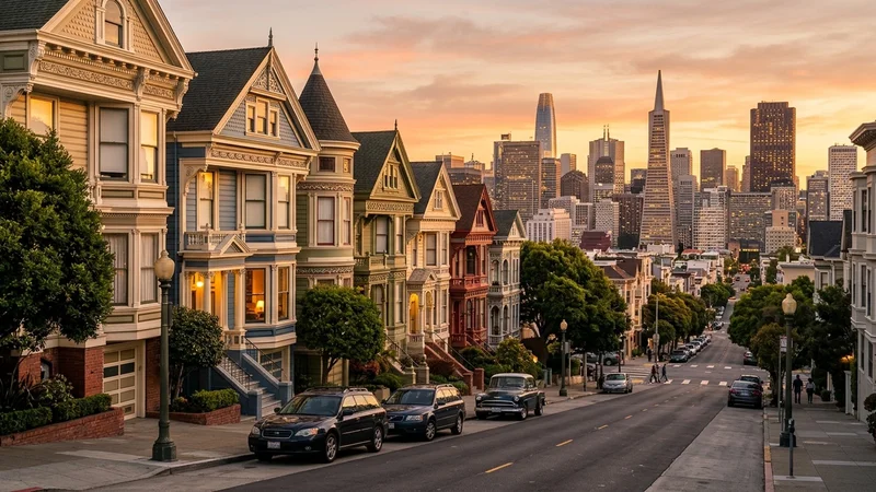 Victorian and Edwardian homes along a Presidio Heights hillside street in San Francisco overlooking the downtown skyline