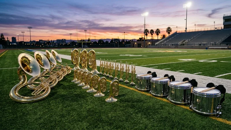 Marching band brass and percussion instruments resting on the sidelines of a high school football field at dusk