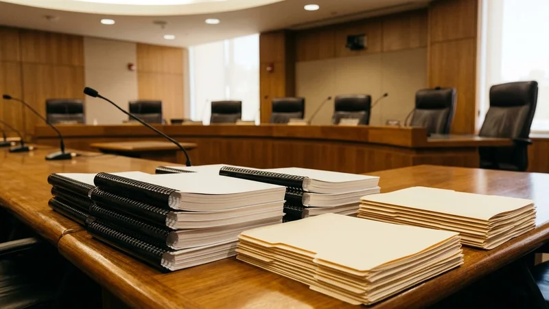 County board of education chambers with wooden dais and microphones before a public governance meeting
