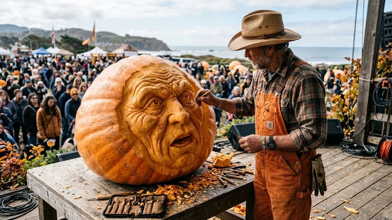 Master pumpkin carver in denim overalls sculpting a three-dimensional face into a giant orange Atlantic pumpkin in Half Moon Bay