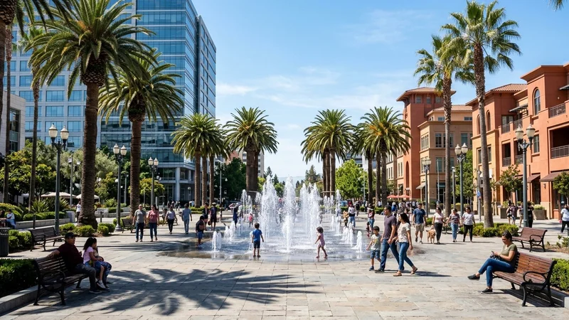 Downtown San Jose public plaza with palm trees and fountains alongside a neighborhood shopping center