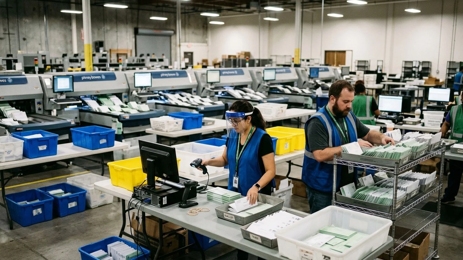 Election workers sorting mail-in ballot trays beside ballot processing equipment at the Santa Clara County Registrar of Voters facility