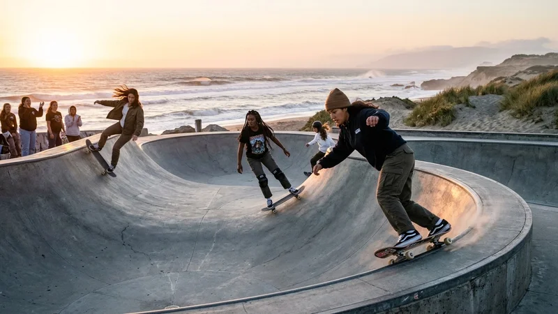 Women skateboarders riding a coastal concrete quarter-pipe and pump track at Sunset Dunes skate park along the Pacific Ocean in San Francisco