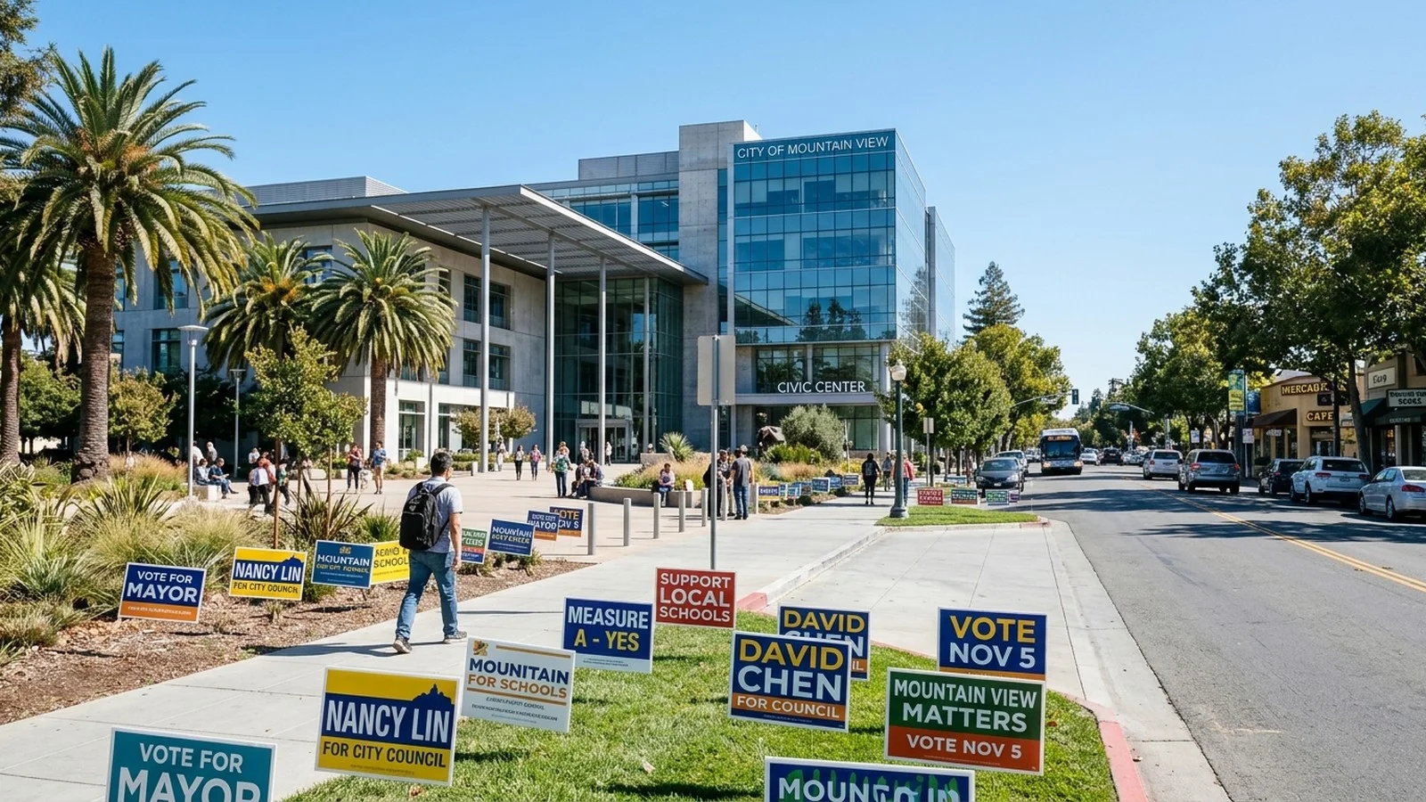 Castro Street and Mountain View City Hall plaza with campaign lawn signs and palm trees in Silicon Valley