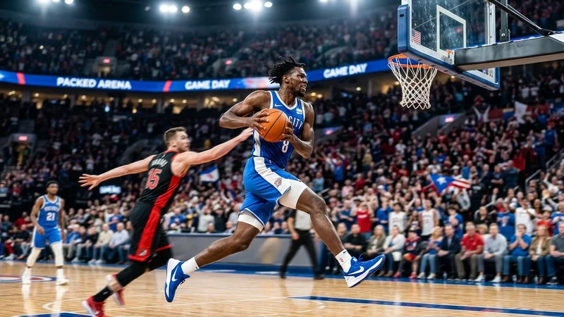 Basketball forward driving toward the hoop inside a packed professional arena under bright stadium lights
