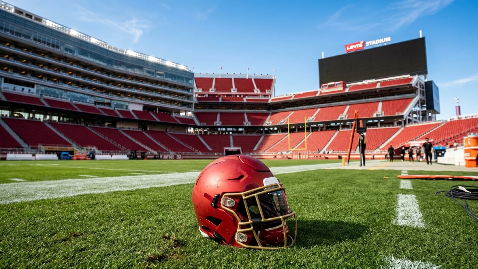 Sideline turf view at Levi’s Stadium in Santa Clara under afternoon sunshine with a red and gold defensive lineman football helmet