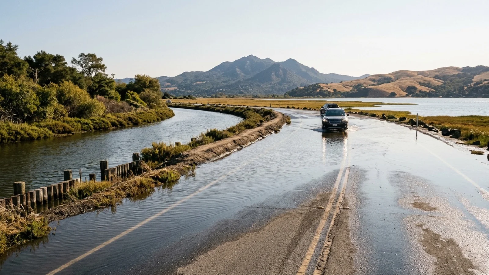 High tide water pooling along a low-lying coastal road in Marin County alongside a maintained flood-control creek channel in the Bay Area