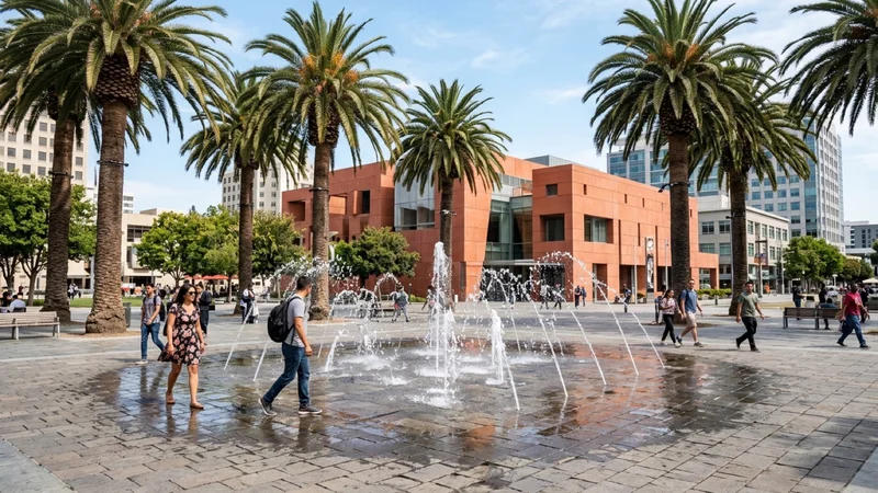 Sunlit downtown San Jose public plaza with palm trees, interactive fountain jets, modern terracotta architecture, and pedestrians walking across stone pavers