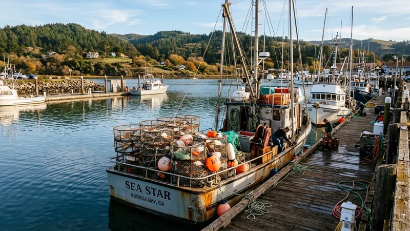 Commercial crab fishing boats with stacked crab pots moored at a Northern California harbor pier