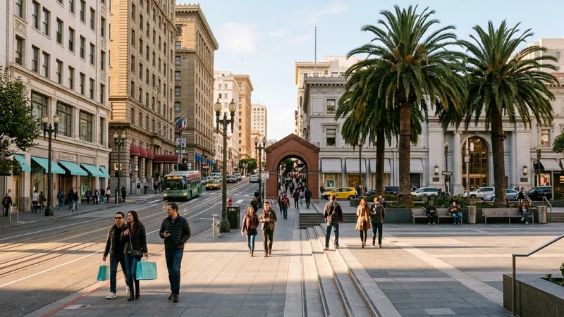 Historic retail buildings and palm trees in San Francisco’s Union Square district in warm afternoon sunlight