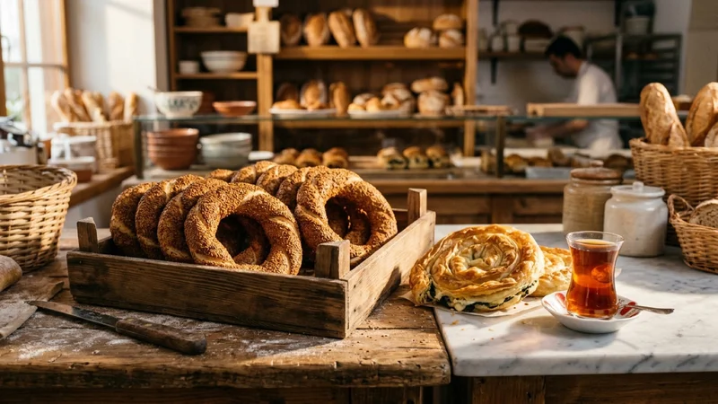 Sesame-crusted Turkish simit rings, golden flaky spiral borek pastry, and a glass of Turkish tea on a bakery counter