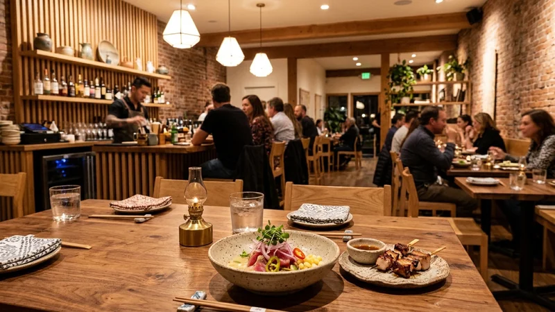 Exposed brick walls, pale wood tables, Japanese wood slats, and plated yellowfin tuna ceviche and robata skewers in Mill Valley