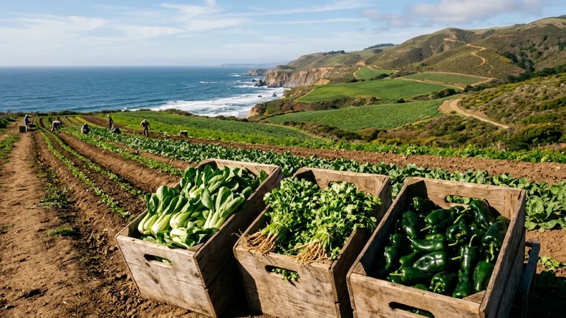 Wooden crates of freshly harvested bok choy, cilantro, and poblano peppers along coastal crop rows in San Mateo County overlooking the Pacific Ocean