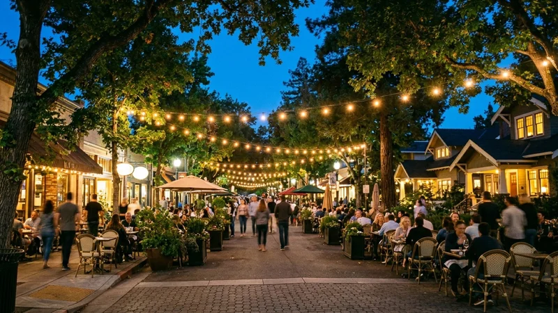 Tree-lined Palo Alto residential street and California Avenue outdoor dining promenade at twilight