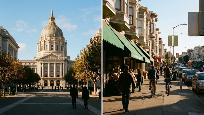 San Francisco City Hall dome and Richmond District commercial corridor in late-afternoon autumn sunlight