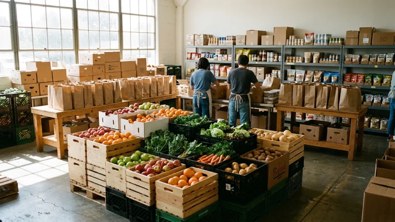 Bright community food pantry distribution center in Mountain View stocked with crates of fresh produce and groceries