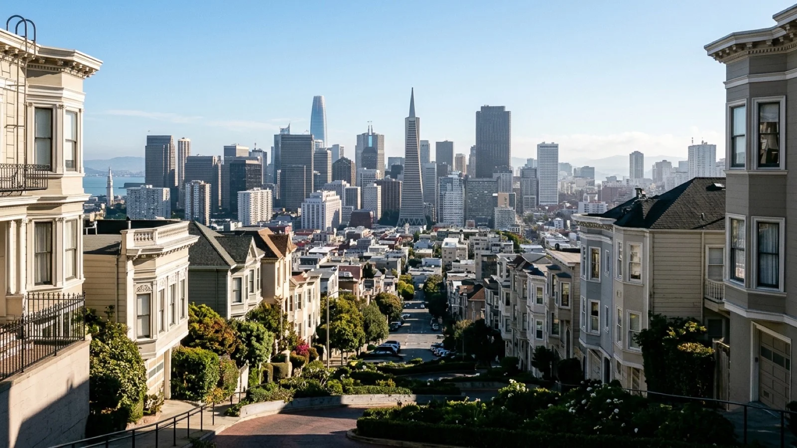 Historic hillside architecture in Russian Hill overlooking downtown San Francisco buildings