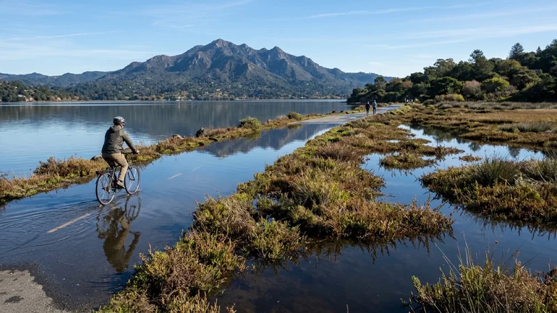 High tide waters along Richardson Bay and Miller Avenue in Mill Valley with Mount Tamalpais in the background